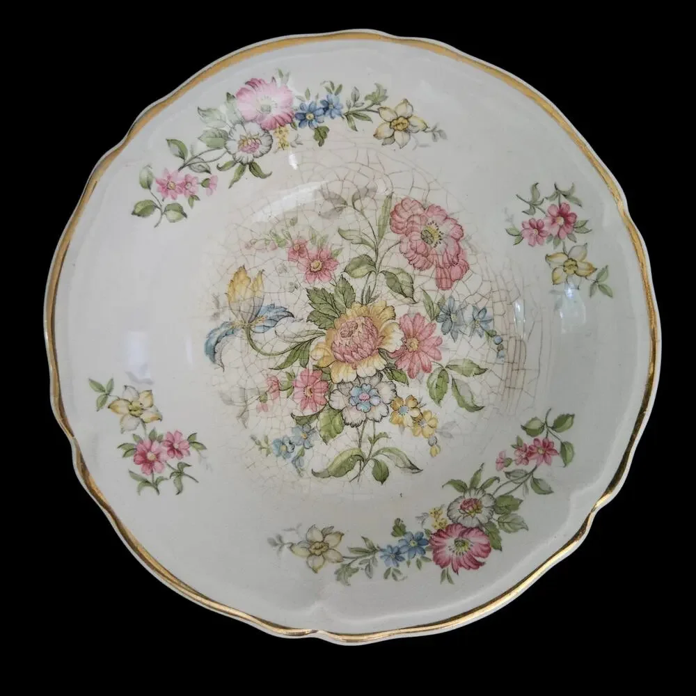 Edwin M Knowles Floral Berry Bowls Set of 4 Gold Trim Vintage 5.5 Inch